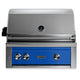 Built-in gas grill with blue control panel and stainless steel control knobs