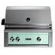 Built-in gas grill with sage green control panel and stainless steel control knobs
