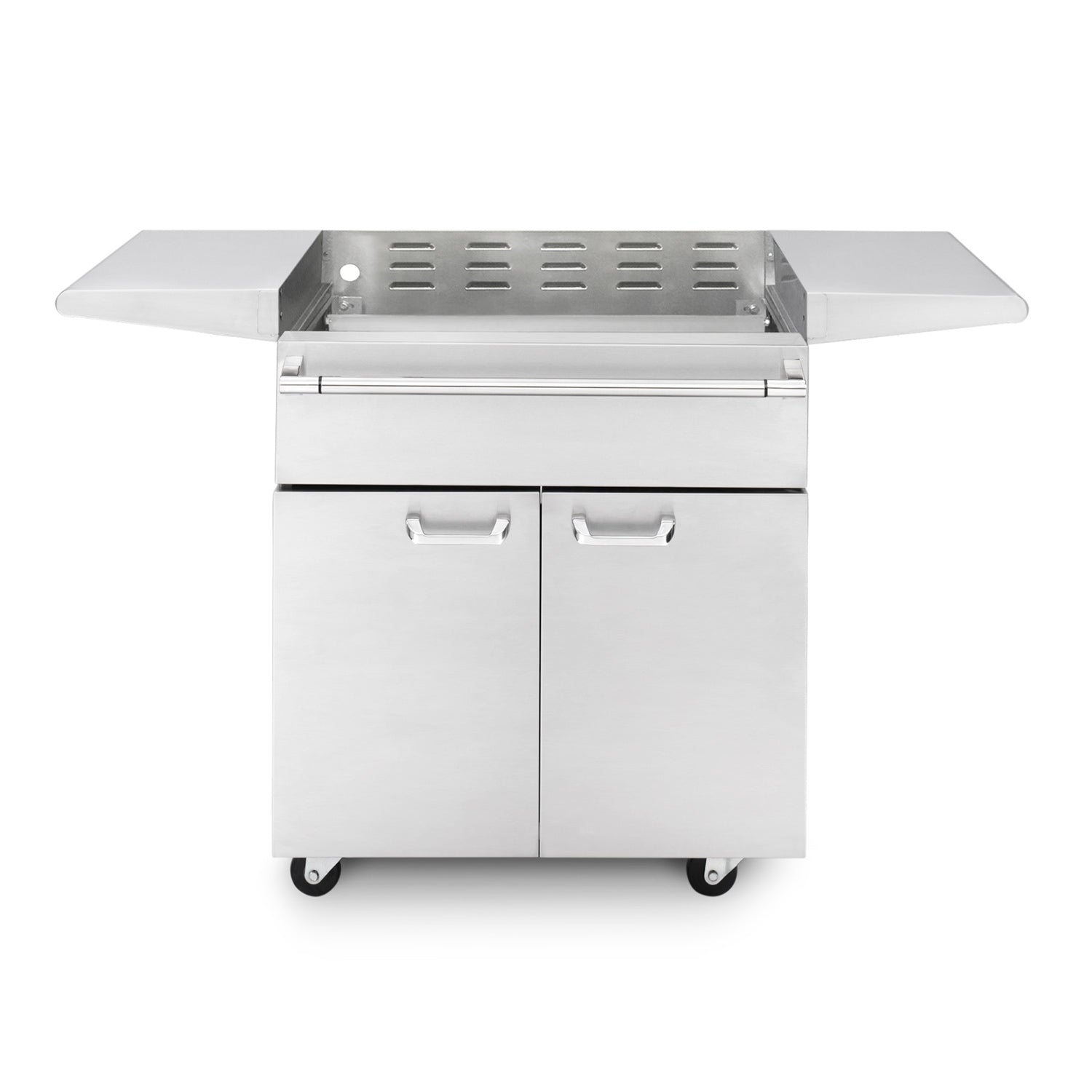 Lynx 30-inch stainless steel grill cart with side shelves and two cabinet doors, on wheels