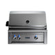 Stainless built-in gas grill front panel with blue-lit control knobs and LYNX logo