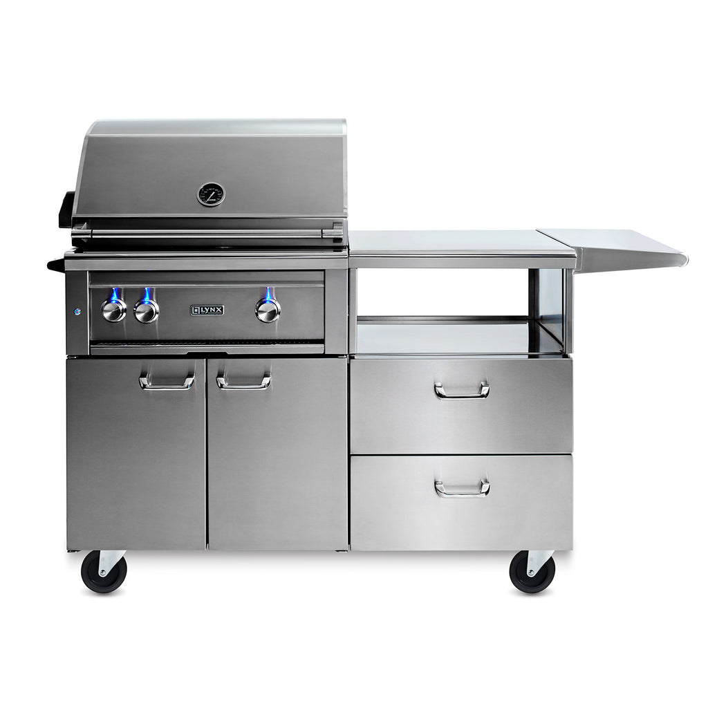 Stainless steel 30-inch gas grill on mobile cart with side shelves and control knobs