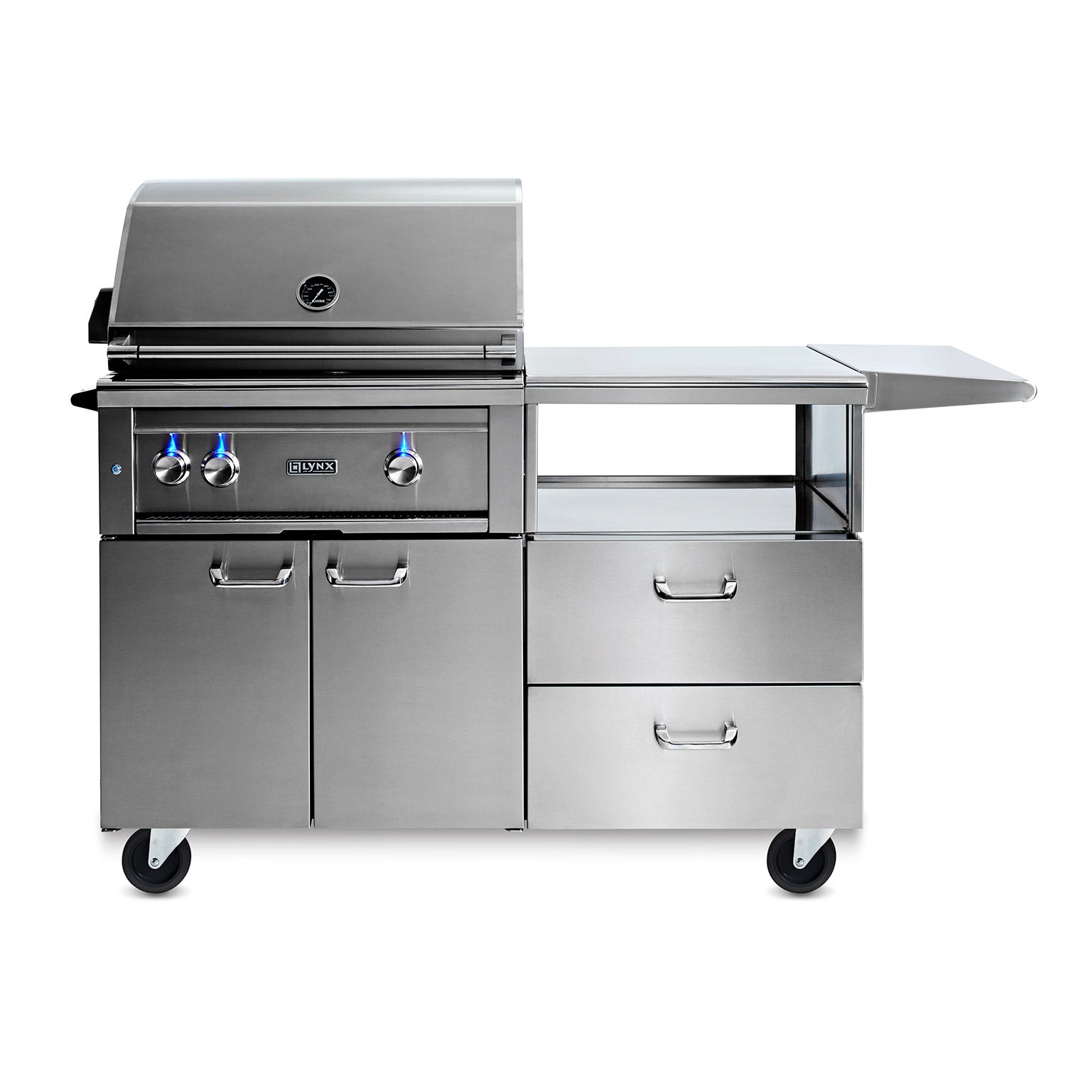 Stainless steel 30-inch gas grill on mobile cart with side shelves and control knobs