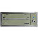 Built-in warming drawer, sage green front panel with chrome heating bar and blue indicator.
