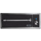 Built-in warming drawer, dark front panel with heating bar and blue indicator light.