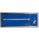 Built-in warming drawer, blue front panel with chrome heating bar and round control knob.