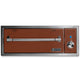 Built-in warming drawer, brown front panel with heating bar and stainless control knob.
