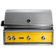 Built-in gas grill with stainless lid and yellow control panel, 4 knobs and logo.