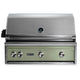 Built-in gas grill with stainless lid and sage-green control panel, 4 knobs and logo.