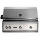 Built-in gas grill with stainless lid and light gray control panel, 4 knobs and logo.