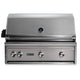 Built-in gas grill with stainless lid and silver-gray control panel, 4 knobs and logo.
