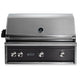 Built-in gas grill with stainless lid and dark charcoal control panel, 4 knobs and logo.