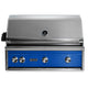 Built-in gas grill with stainless lid and blue control panel, 4 knobs and brand logo.