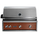 Built-in gas grill with stainless lid and bronze-brown control panel, 4 knobs and logo.