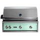 Built-in gas grill with stainless lid and mint-green control panel, 4 knobs and logo.