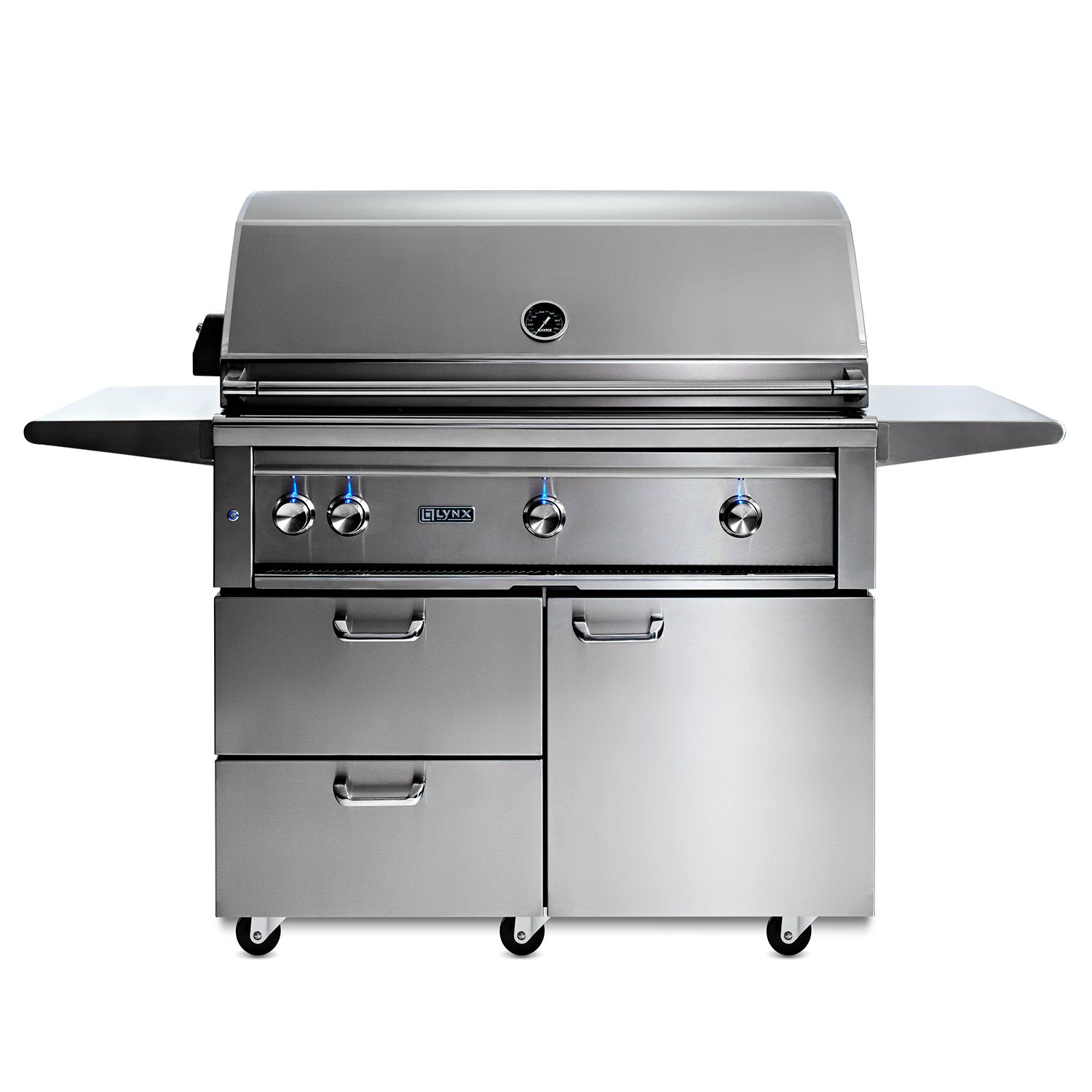 Lynx 42-inch professional gas grill with side shelves on wheeled cart, stainless steel