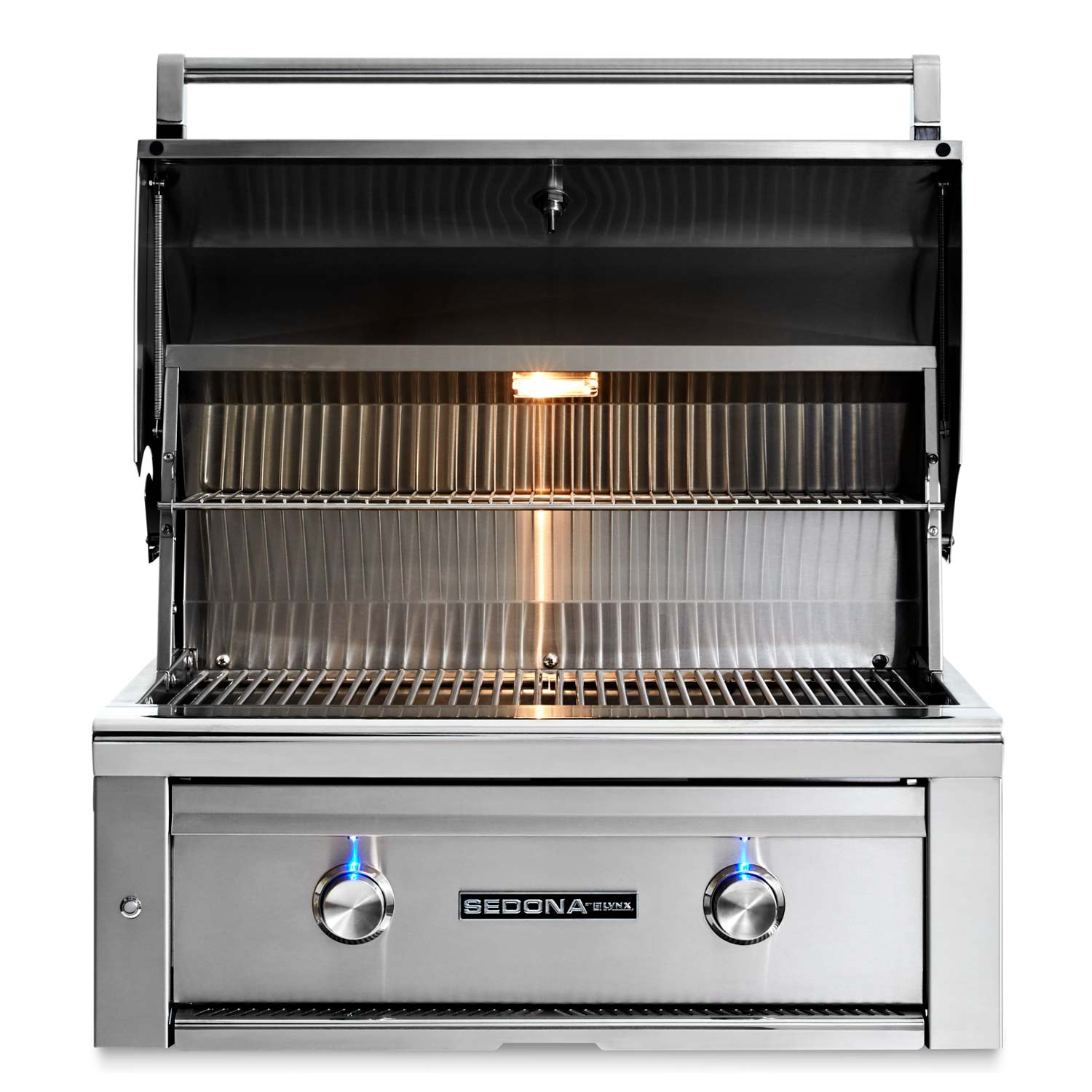 Built-in gas grill open with cooking grates, burners, and stainless front control panel.