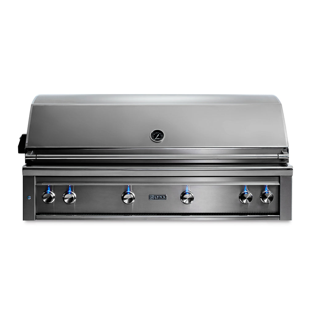 Built-in gas grill with stainless front panel, side burner knobs, and control dials.