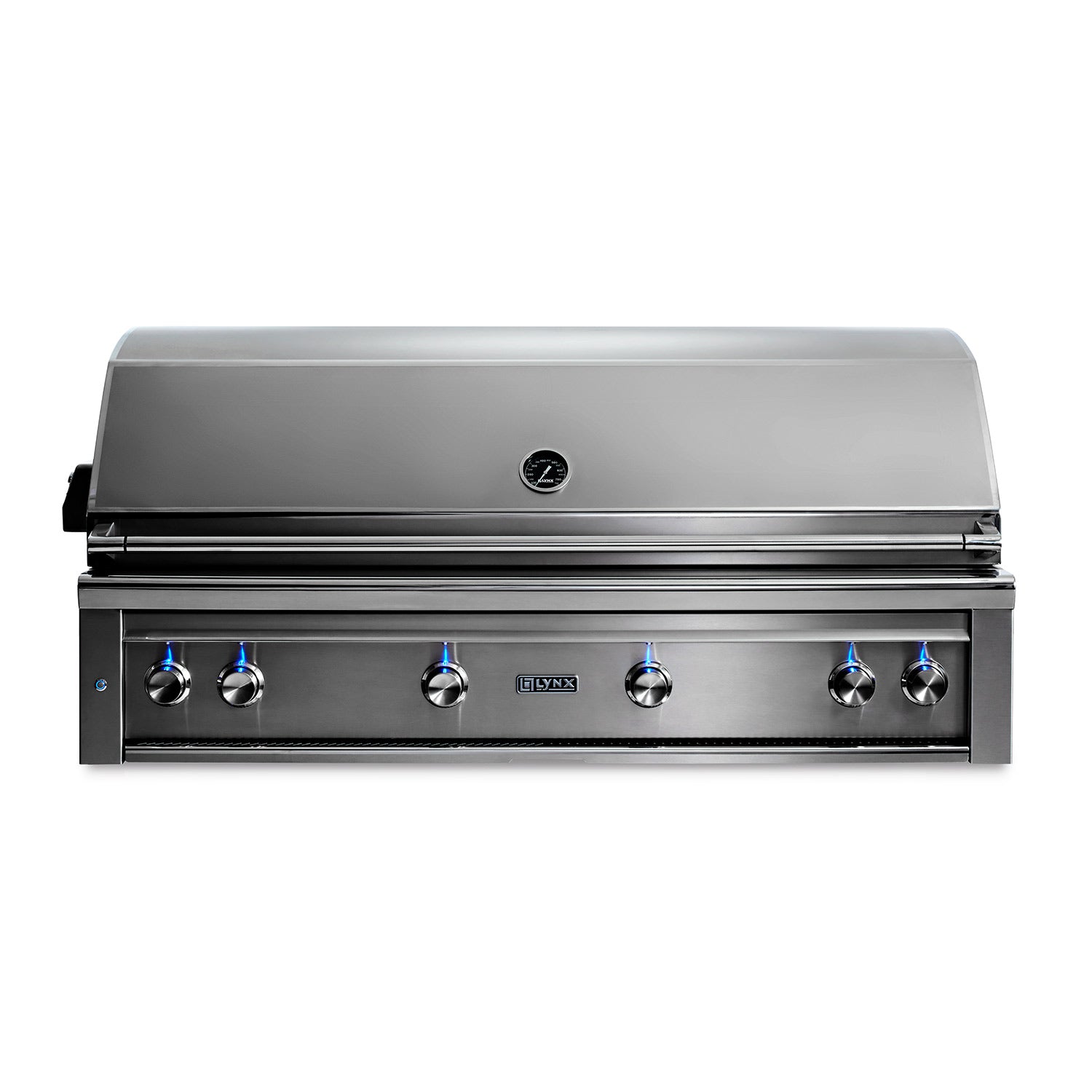 Built-in gas grill with stainless front panel, side burner knobs, and control dials.