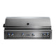 Built-in gas grill with stainless front panel, side burner knobs, and control dials.
