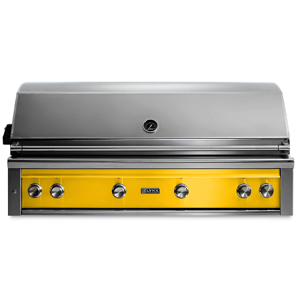 Built-in gas grill with California poppy front control panel and stainless steel knobs.
