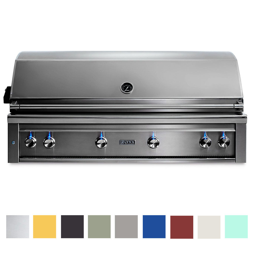 Stainless steel built-in gas grill with control knobs and sleek side panel