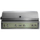 Built-in gas grill with desert sage front control panel and stainless steel control knobs.