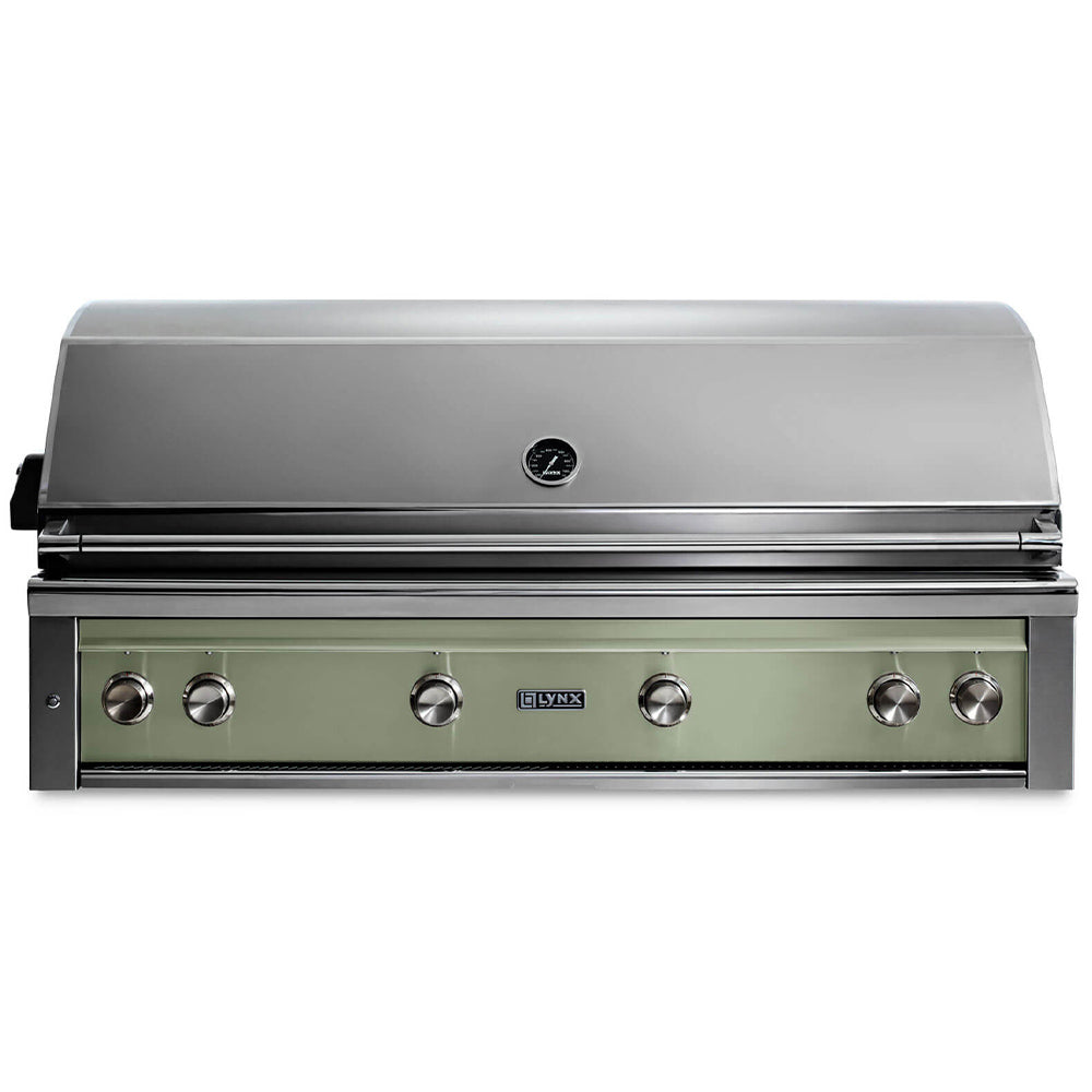 Built-in gas grill with desert sage front control panel and stainless steel control knobs.