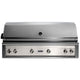 Built-in gas grill with limestone front control panel and stainless steel control knobs.