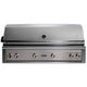 Built-in gas grill with silver front control panel and stainless steel control knobs.