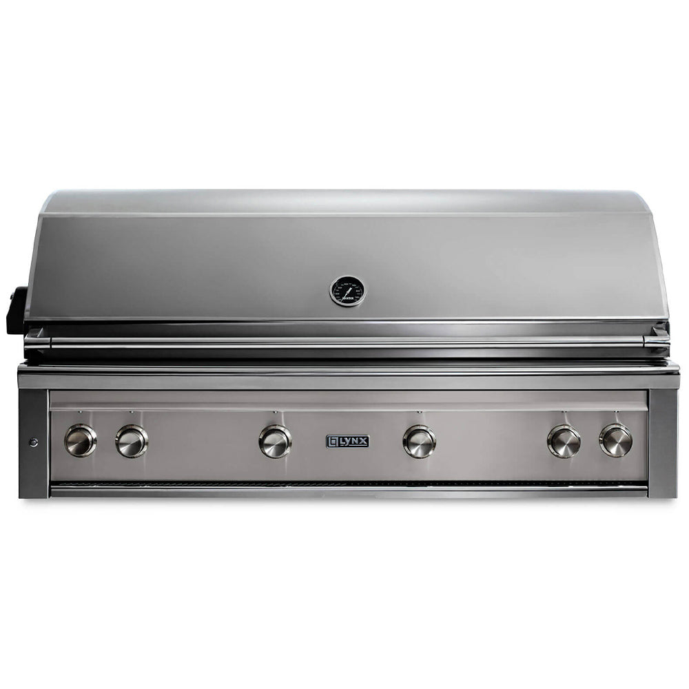 Built-in gas grill with silver front control panel and stainless steel control knobs.