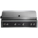 Built-in gas grill with obsidian front control panel and stainless steel control knobs.