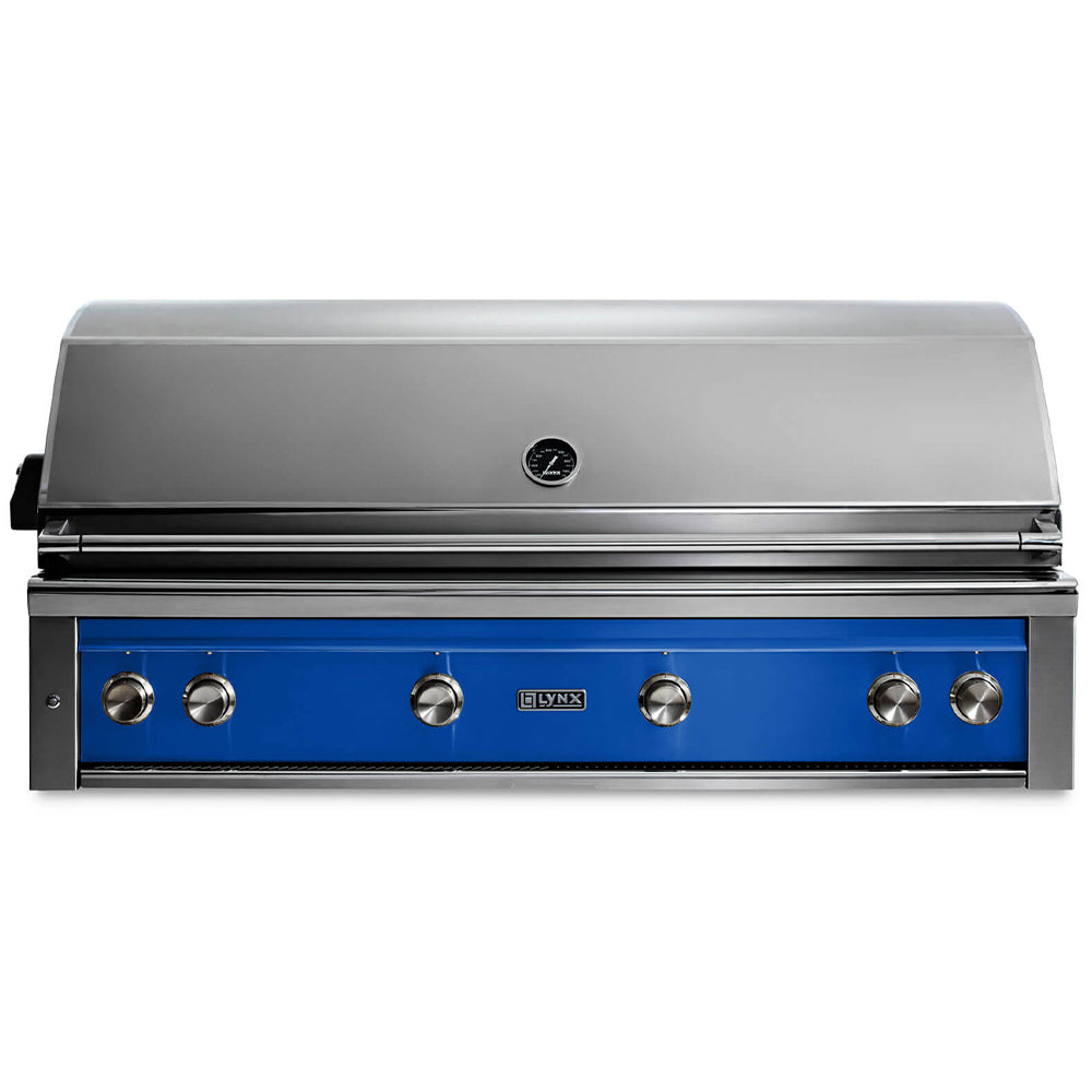 Built-in gas grill with Pacific blue front control panel and stainless steel control knobs.