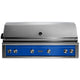 Built-in gas grill with Pacific blue front control panel and stainless steel control knobs.