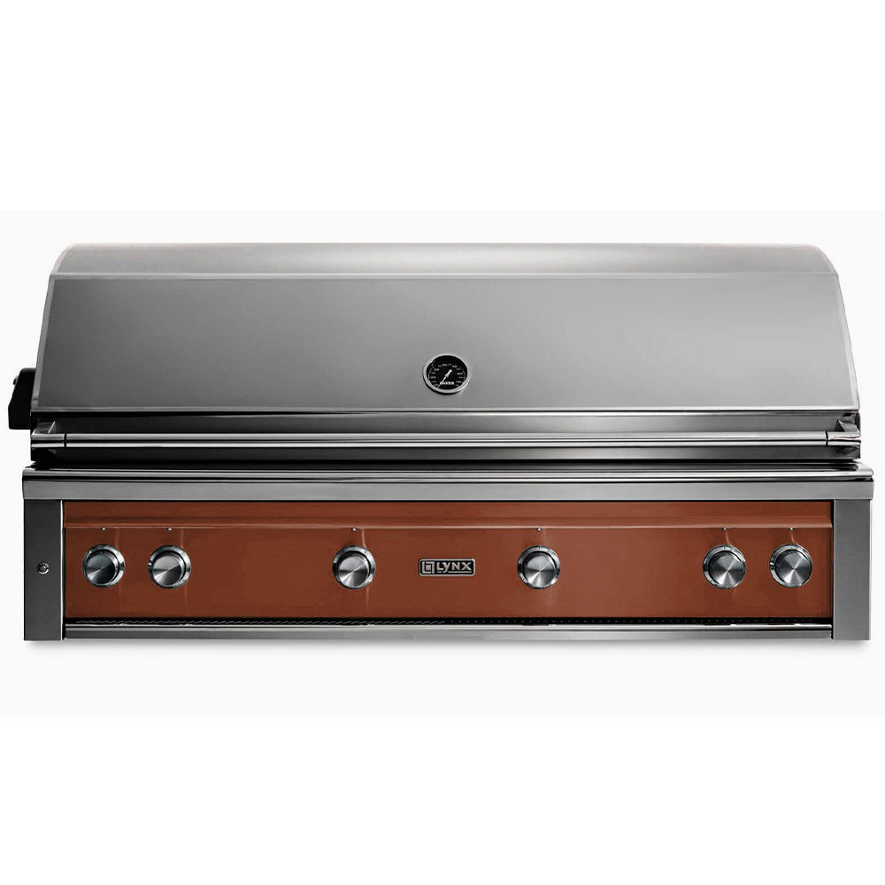 Built-in gas grill with Sierra front control panel and stainless steel control knobs.