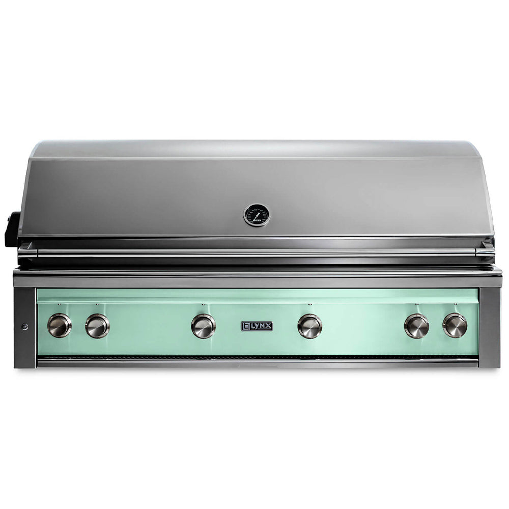 Built-in gas grill with Surf front control panel and stainless steel control knobs.