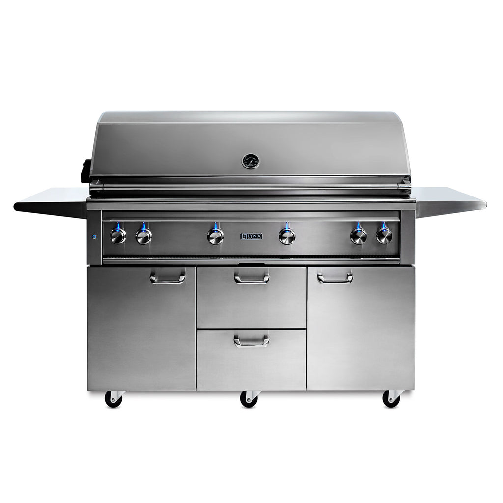 Lynx 54-inch professional gas grill with control knobs and side shelves on cart