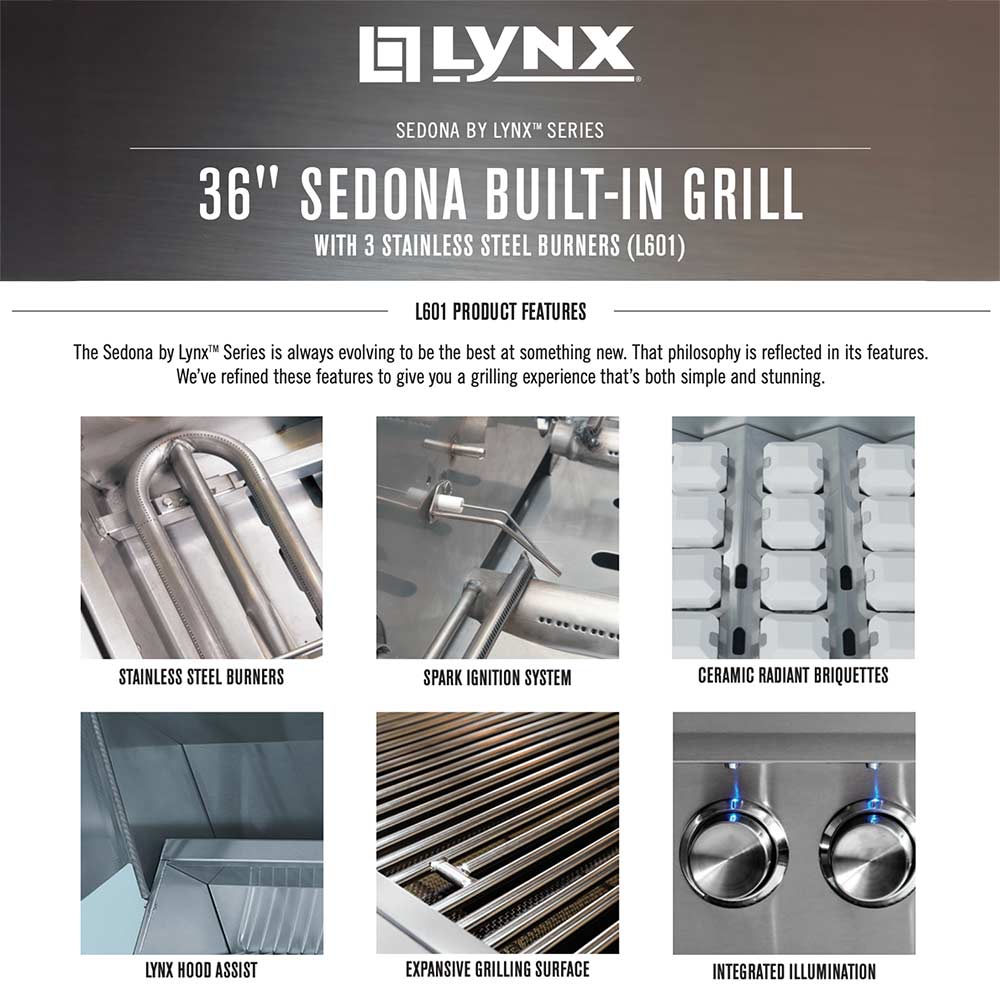 Lynx Sedona built-in gas grill brochure showing burner, ignition, and briquette features