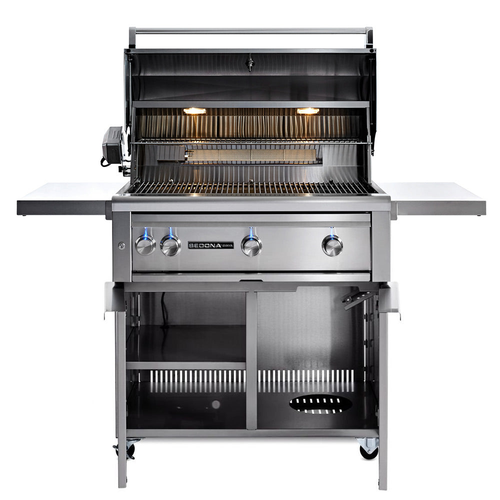 Sedona by Lynx 36-inch freestanding gas grill, open lid with stainless burners and grates