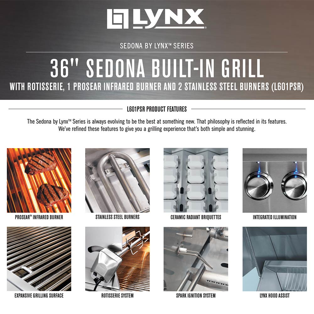 Sedona by Lynx 36-inch built-in grill product features brochure with diagrams