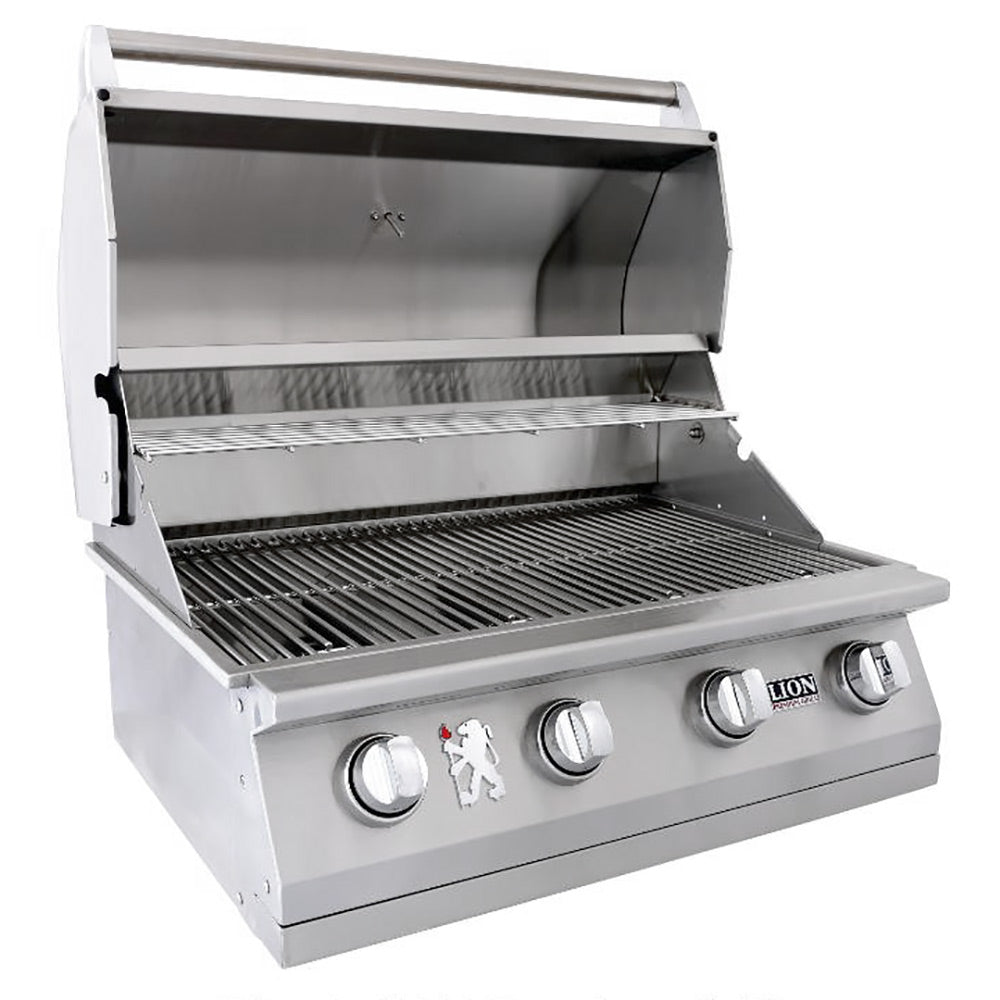 Freestanding grill with open lid, ribbed warming rack, and front control knobs