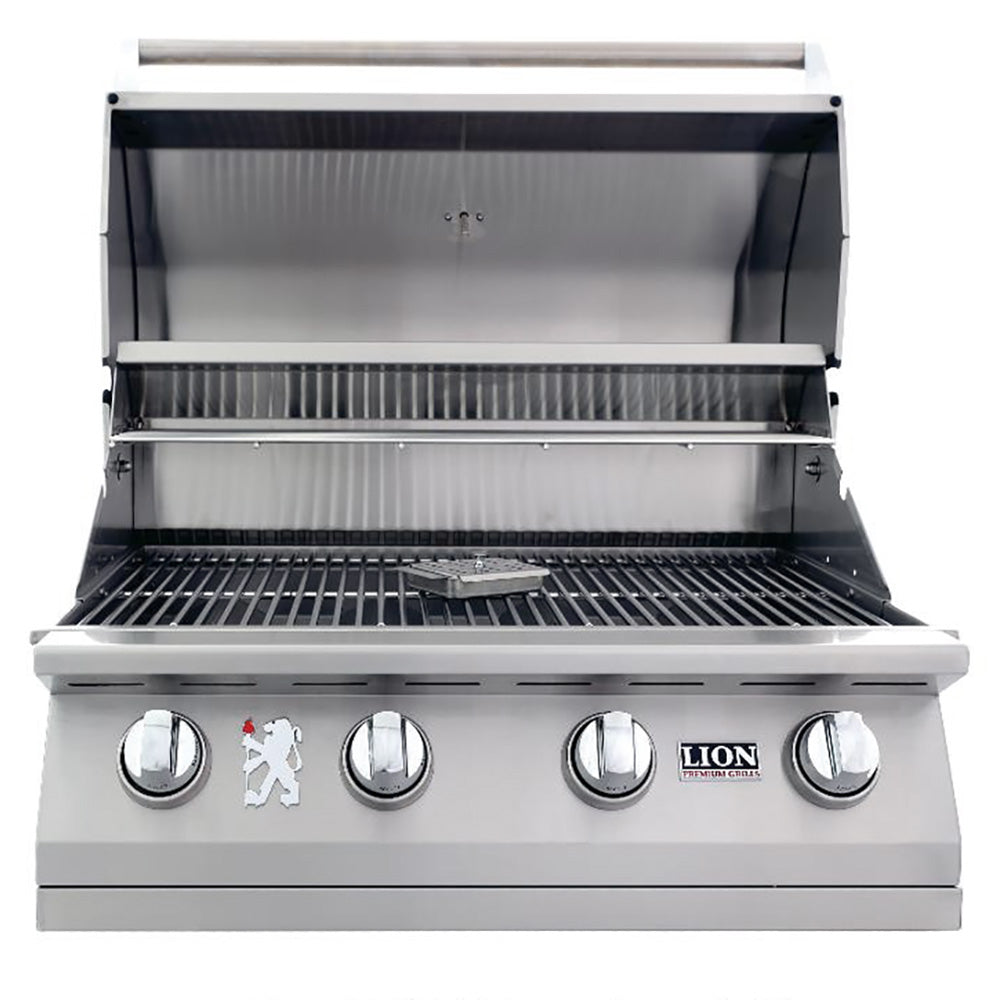 Freestanding grill with open lid revealing cooking grates and back warming tray