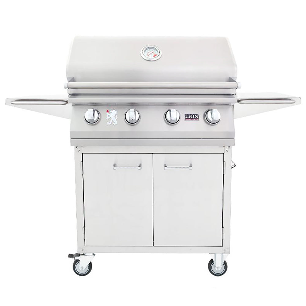 Freestanding 32-inch grill with side shelves, four control knobs, and wheels