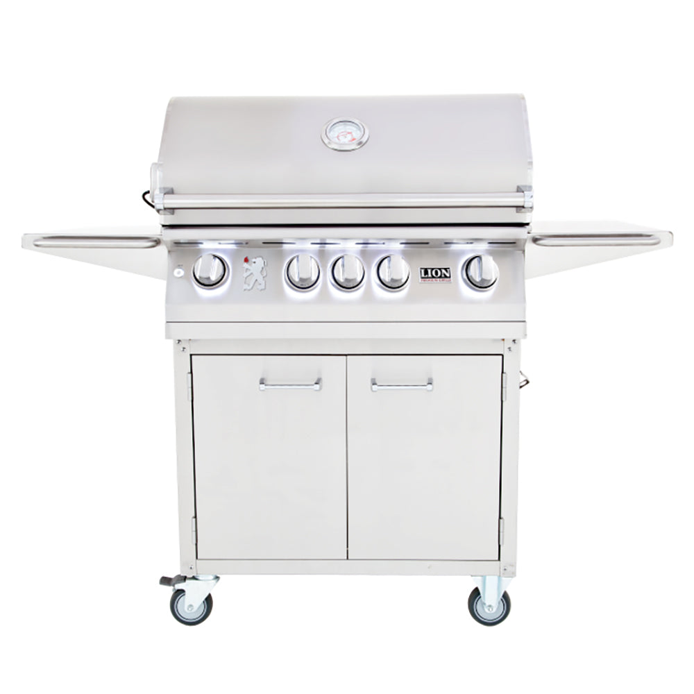Freestanding grill with stainless steel lid, side handles, and control knobs