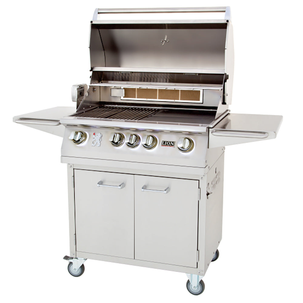 Open freestanding grill with side shelves, wire racks, and control panel