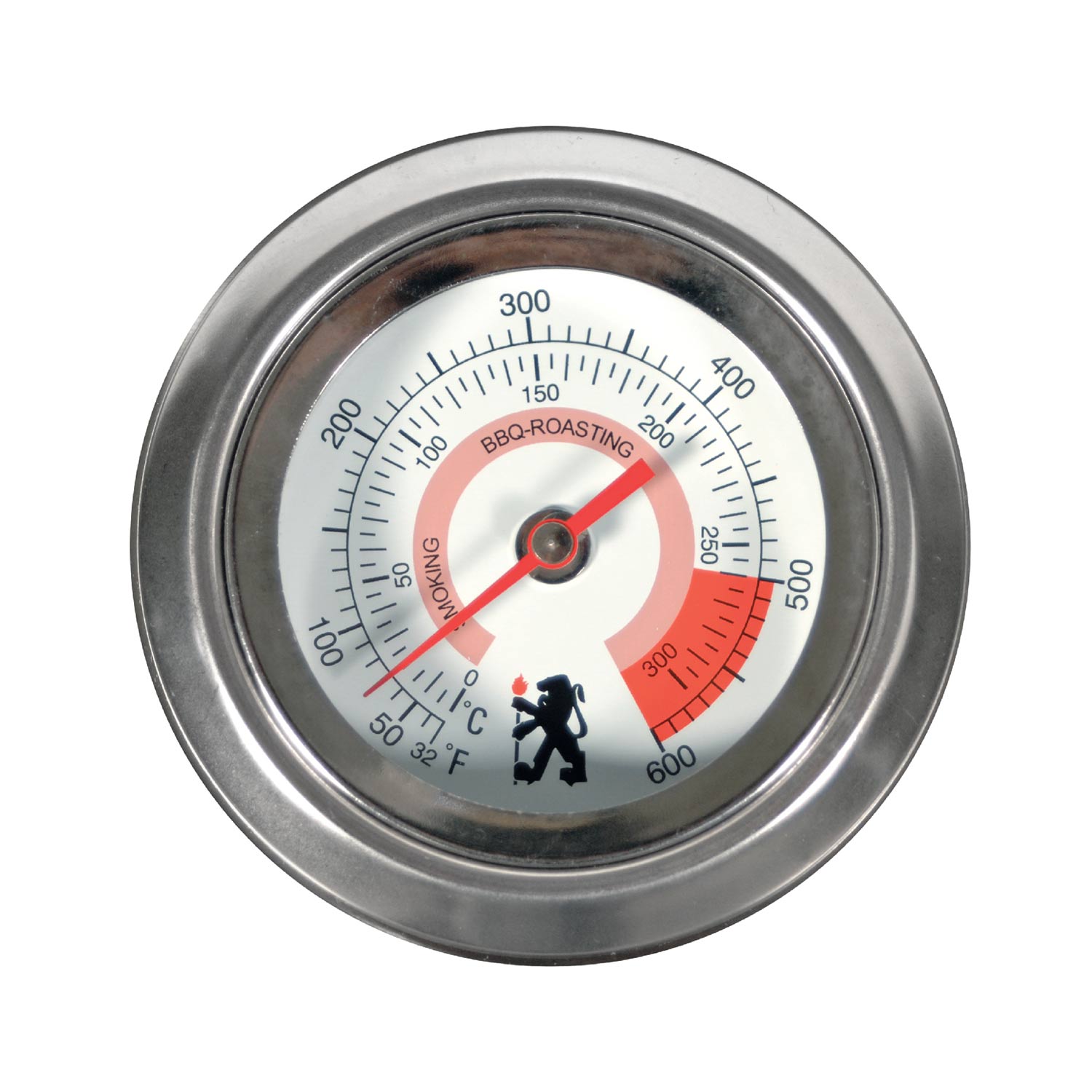 Freestanding grill temperature gauge with red and white heat scale