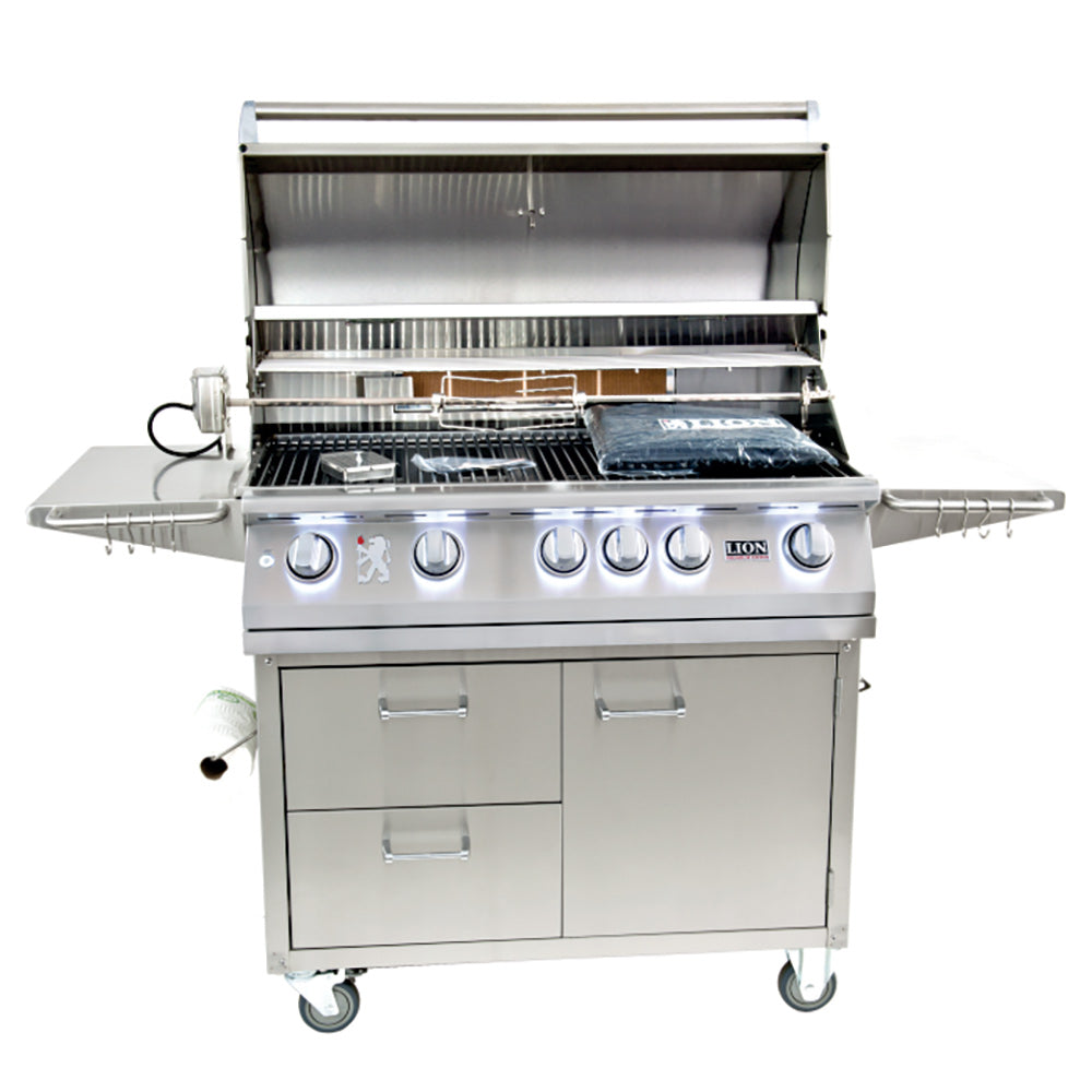 Open stainless steel gas grill with cooking grates, warming rack, and control panel