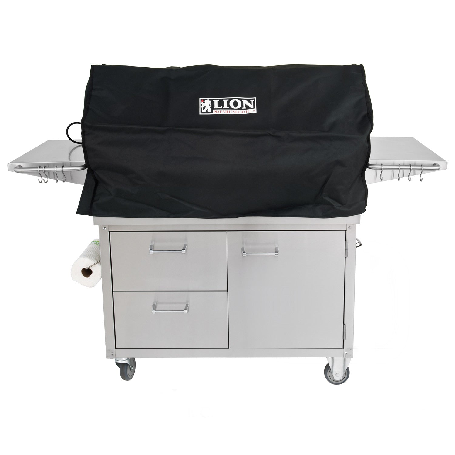 Freestanding grill with black cover and front storage doors