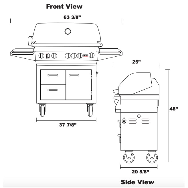 Grill size diagram showing front and side views with measurements