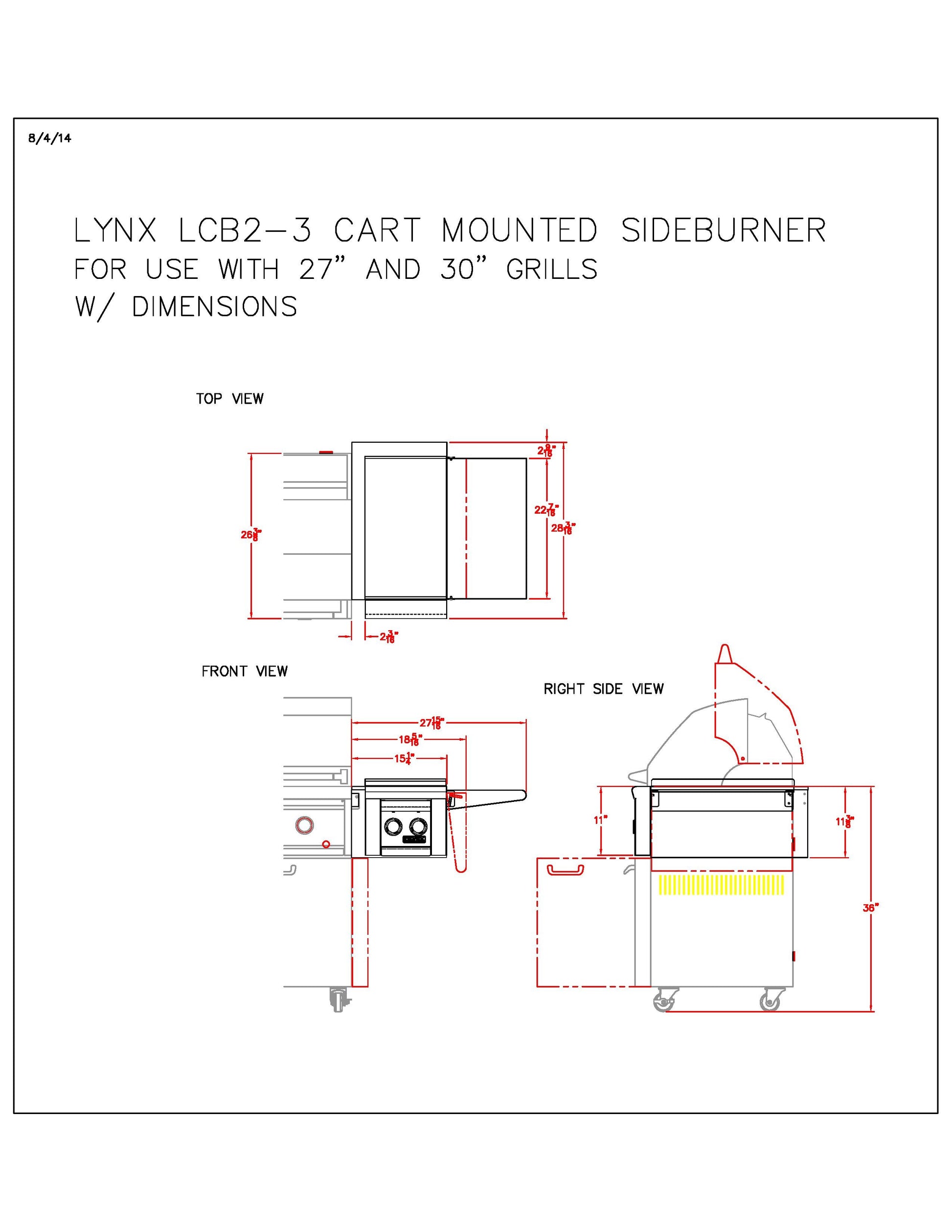 Technical diagram of cart-mounted side burner with measurements, front and side views