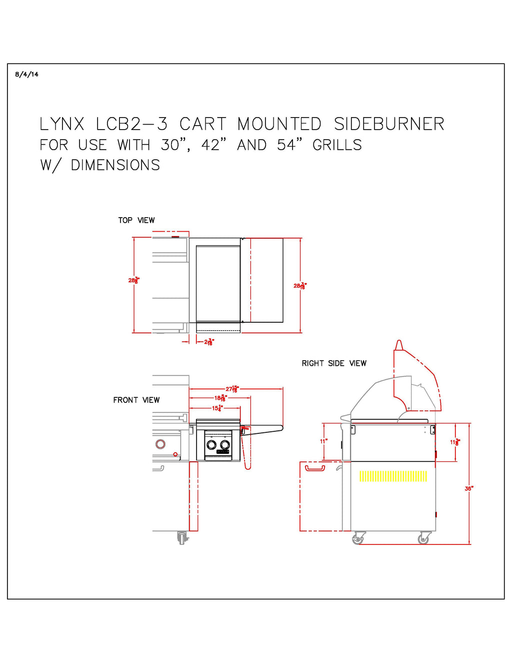 Technical diagram of cart-mounted double side burner with top, front, and side views